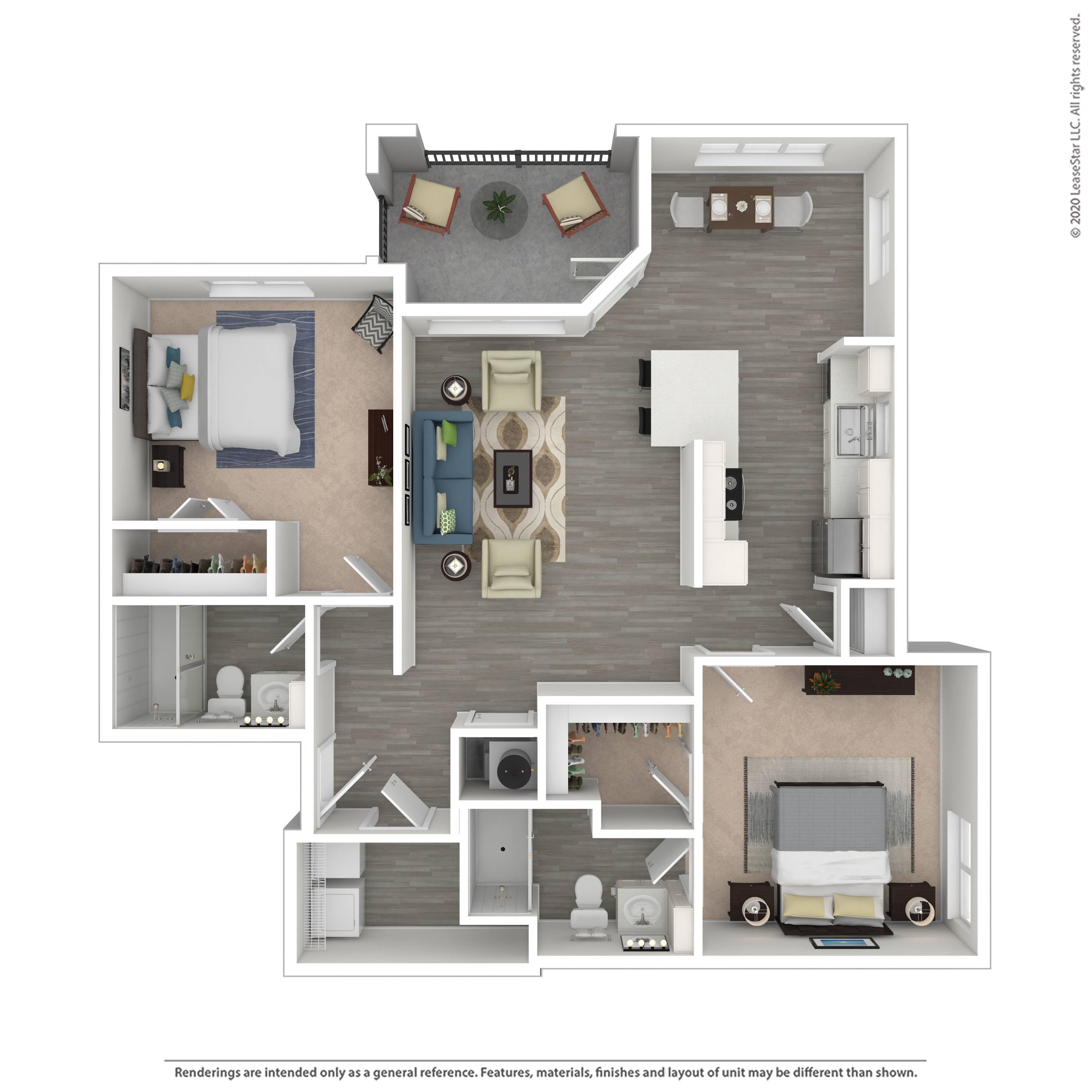 A floor plan of a two-bedroom apartment with a living room, kitchen, and bathroom.