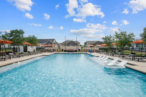 A large swimming pool with lounge chairs and umbrellas.