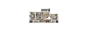 A 3D floor plan of a house showing a kitchen, living room, dining room, and two bedrooms.