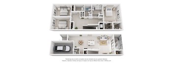 A 3D floor plan of a house with labeled rooms.