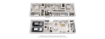 A 3D floor plan of a house with two cars parked in the garage.
