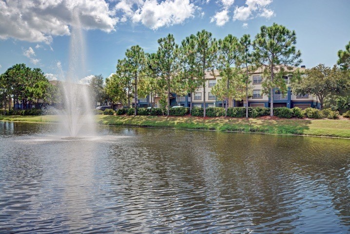 a fountain in a pond with a building in the background