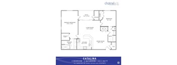 A floor plan for a 2 bedroom, 2 bathroom apartment is shown.