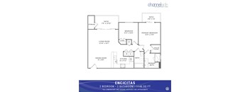 A floor plan for a 2 bedroom, 2 bathroom apartment is shown.