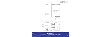 A floor plan for a 1 bedroom, 1 bathroom apartment sized at 791 square feet.