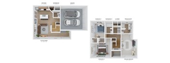 A floor plan of a two-bedroom apartment with a living room, kitchen, and bathrooms.