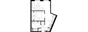 A black and white image of a floor plan for a small apartment.