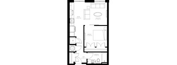 A black and white image of a floor plan for a small apartment.