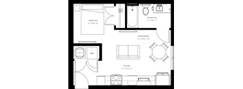 A black and white image of a floor plan for a small apartment.