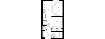 A floor plan of a small apartment with a kitchen, living room, bedroom, bathroom, and closet.