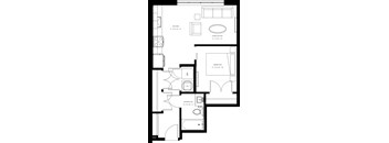 A black and white image of a floor plan for a house with a kitchen, living room, bedroom, and bathroom.