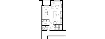 A floor plan of a house with a living room, dining room, kitchen, and bathroom.