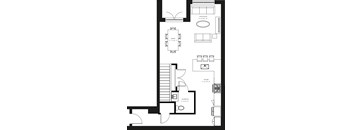 A black and white floor plan of a house with a dining room, kitchen, and bathroom.
