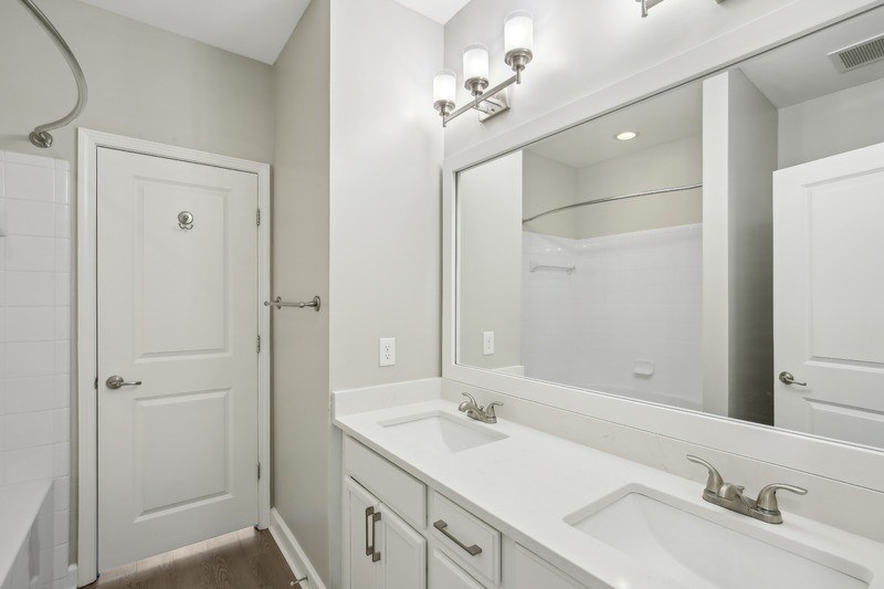 a bathroom with a sink and a mirror and a shower