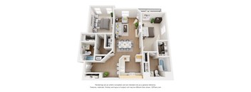 A 3D floor plan of a house with a kitchen, living room, and two bedrooms.