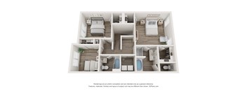 A 3D floor plan of a house with two bedrooms, a living room, a kitchen, and a bathroom.