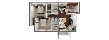 A top-down view of a house layout with a kitchen, living room, and bedrooms.