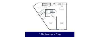 A floor plan of a 1 bedroom + den apartment.
