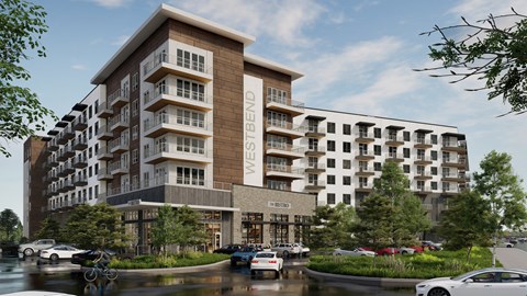 A rendering of a modern apartment building named West Bend.