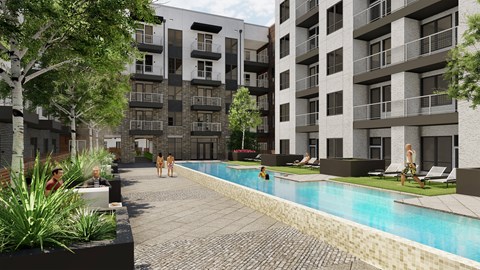 A modern apartment complex with a pool and a walkway.