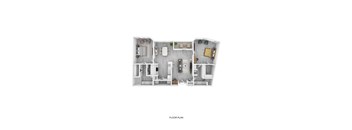 A floor plan of a small apartment with a kitchen, living room, and two bedrooms.