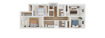 A 3D floor plan of a house with multiple rooms and furniture.