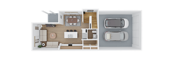A top-down view of a small, neatly organized living space with a kitchen area, a dining table, and a bedroom with a bed.