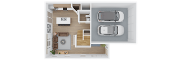 A top-down view of a small apartment with a kitchen, living room, and two bedrooms.
