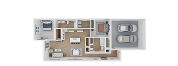 A top-down view of a house layout with a kitchen, living room, and two bedrooms.