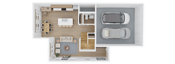 A top-down view of a house layout with a living room, kitchen, dining area, and two bedrooms.