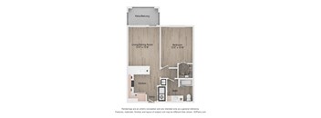 A floor plan of a small apartment with a living room, dining room, kitchen, bathroom, and two bedrooms.