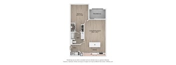 A floor plan of a small apartment with a bedroom, living/dining room, kitchen, bath, and entry.