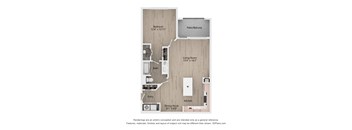 A floor plan of a house with a bedroom, living room, kitchen, bathroom, and entry.