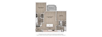 A floor plan of a house with a living room, dining room, kitchen, two bathrooms, and two bedrooms.