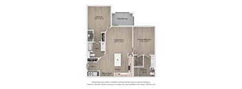 A floor plan of a house with a living room, kitchen, dining nook, and three bedrooms.
