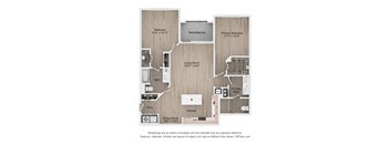 A floor plan of a house with a living room, dining room, kitchen, two bathrooms, and two bedrooms.