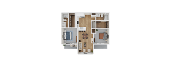 A top-down view of a house layout with a kitchen, living room, and two bedrooms.