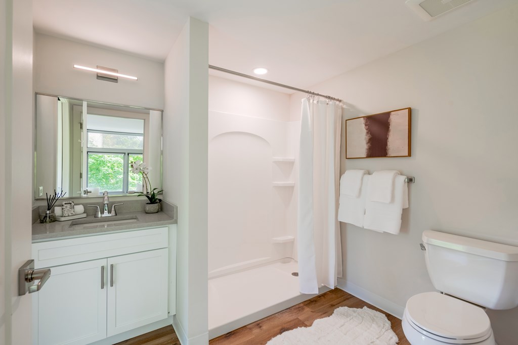 a bathroom with a toilet sink and shower and a mirror