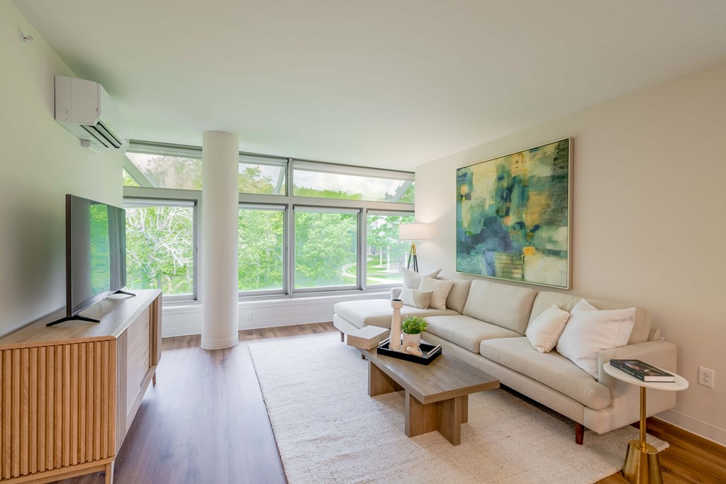 a living room with a white couch and a television