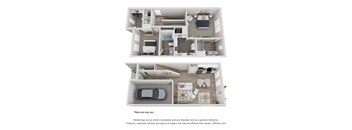 a stylized 3d floor plan of a house with a bedroom and living room