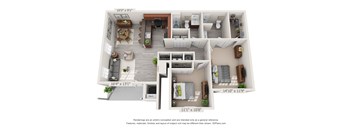 A 3D floor plan of a house with a living room, kitchen, dining room, and bedrooms.