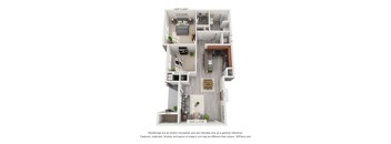 A 3D floor plan of a two-bedroom apartment.