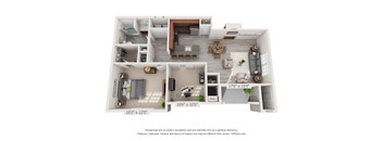 A 3D floor plan of a house with a living room, kitchen, and two bedrooms.