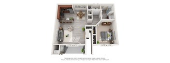 A 3D floor plan of a two-bedroom apartment with a living room, kitchen, and bathroom.