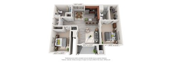 A 3D floor plan of a house with a living room, kitchen, and two bedrooms.