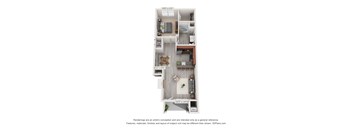 A 3D floor plan of a small apartment with a kitchen, living room, and bathroom.