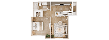 A top-down view of a small, neatly organized apartment with a bedroom, living room, and kitchen.