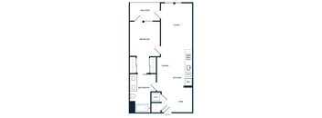 A floor plan of an apartment with a living room, dining room, kitchen, bathroom, and bedroom.