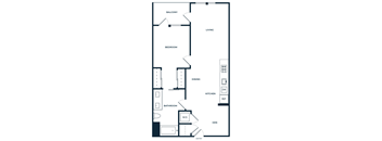 A floor plan of an apartment with a living room, bedroom, dining room, kitchen, bathroom, and den.