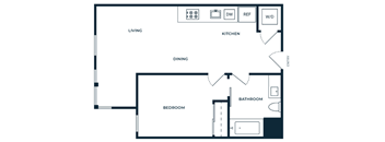A floor plan of a small apartment with a living room, dining room, kitchen, bedroom, and bathroom.